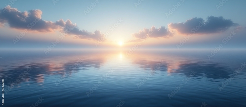 Fototapeta premium Serene sunset over calm ocean waters with soft clouds reflecting on the surface.