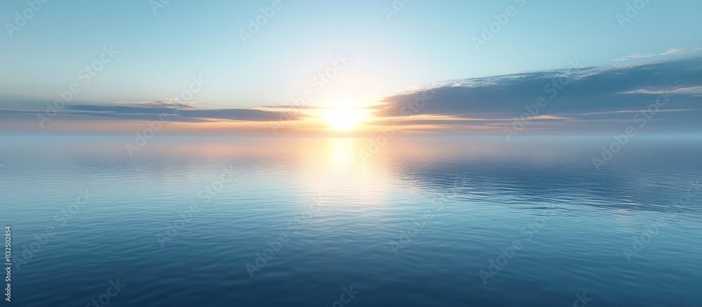 Fototapeta premium Serene sunset over calm ocean water with soft clouds.