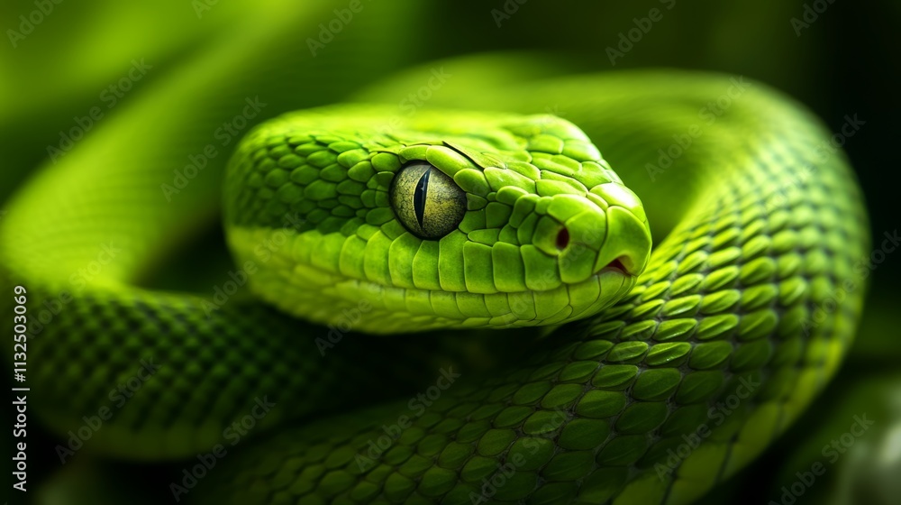 Fototapeta premium A close-up of a vibrant green snake resting among lush foliage in a tropical setting