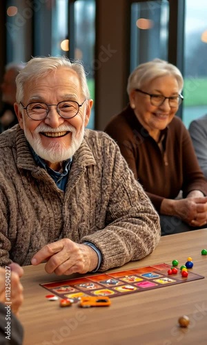 Group of Senior Friends in an Elite Nursing Home Playing Funny Game Who I Am. Happy Man with Hearing Aid Enjoying the Game. Elderly People Spending Time Together, Having Fun