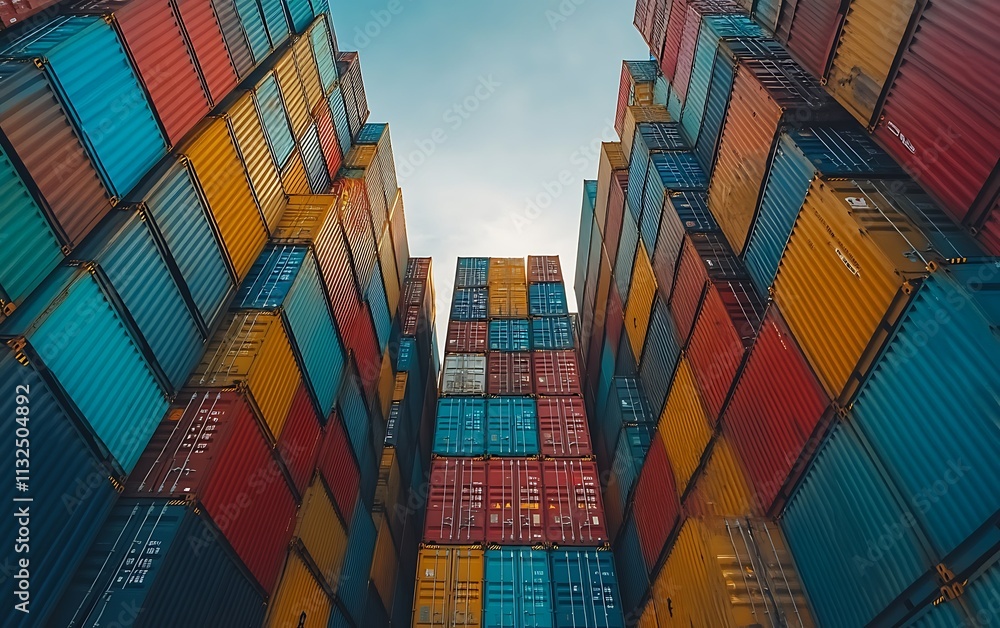 Fototapeta premium Colorful shipping containers stacked high against a blue sky, viewed from below.