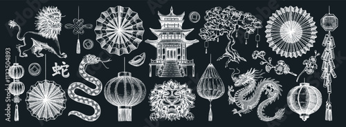 Traditional China sketches set. Chinese New Year decoration. Hand-drawn vector illustrations. NOT AI generated