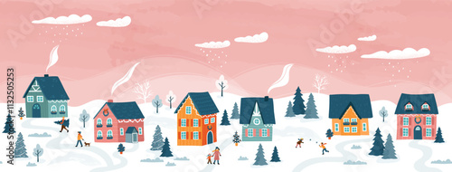 Cute hand drawn seamless Winter landscape, windy, cute houses and trees - vector horizontal banner winter wonderland