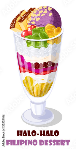 Halo-Halo Filipino Shaved Ice Dessert. Sweetened Banana, Macapuno Strings, Sugar Palm Fruit, Ube Jam, Red Beans, Coconut Milk, Shaved Ice, Ube Ice Cream, Jackfruit, Gulaman, Flan & Pinipig Toppings