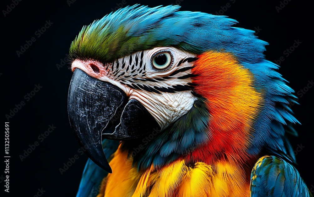 Obraz premium Vibrant Blue-and-gold Macaw portrait against a black background, showcasing its colorful feathers and sharp beak.