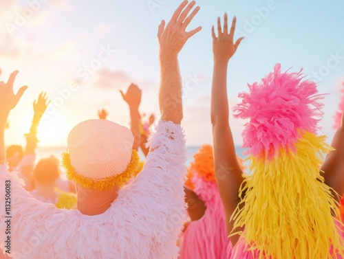 Vibrant Junkanoo Sunset Celebrating Culture and Joy on a Tropical Beach – Ideal for New Years and Carnival photo