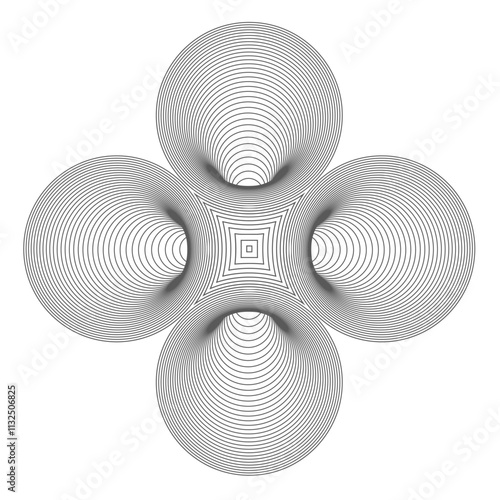 Symmetrical arrangement of four concentric circular patterns forming an abstract geometric design.