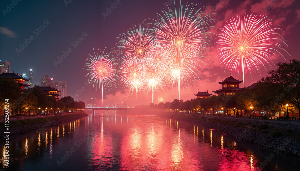 Fototapeta premium Vibrant fireworks display over the river during Chinese New Year celebration