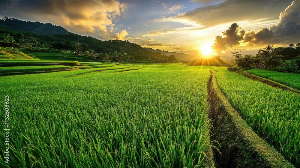Obraz premium Serene morning view of extensive rice fields.