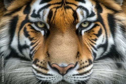 Close-up of tiger in lush green jungle with sharp gaze. Beautiful simple AI generated image