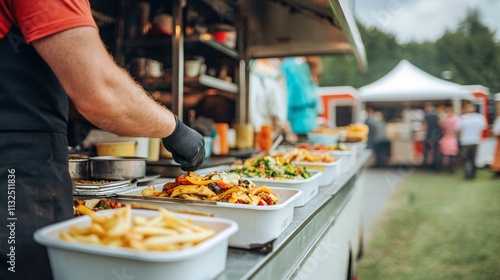 New year concept. Food truck serving a variety of delicious dishes outdoors.