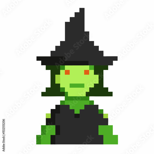 Pixel Art Green Witch with Black Hat and Red Eyes on White Background