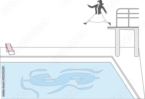 Love of money, the pursuit of money, profit or higher income, greed and lust, isometric businesswomen standing on the diving platform ready to jump into the pool of money