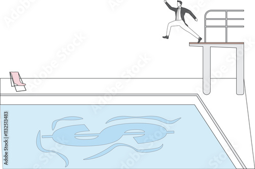 Love of money, the pursuit of money, profit or higher income, greed and lust, isometric businessmen standing on the diving platform ready to jump into the pool of money