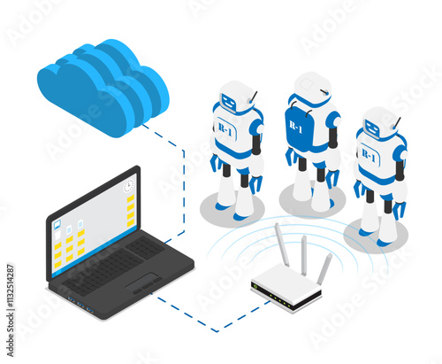 Industrial robot firmware data update. Programming task list of artificial intelligence for managing automated production. Isolated isometric 3D vector isolated on white background
