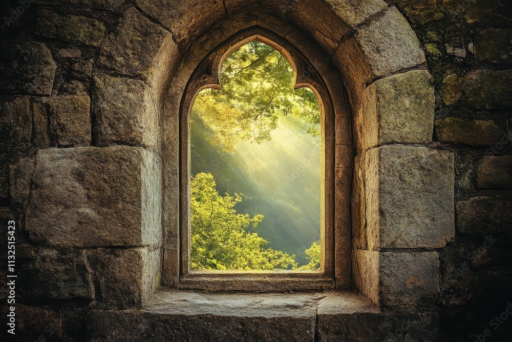 Fototapeta premium Stone archway window, sunlight, green foliage.
