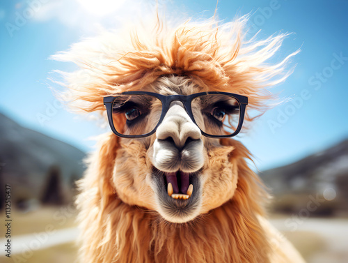 Lama with glasses enjoying a sunny day in the wild safari landscape. Funny face lama wearing stylish glasses under the bright sunlit sky at safari. Llama, South American mammal of the camel family photo