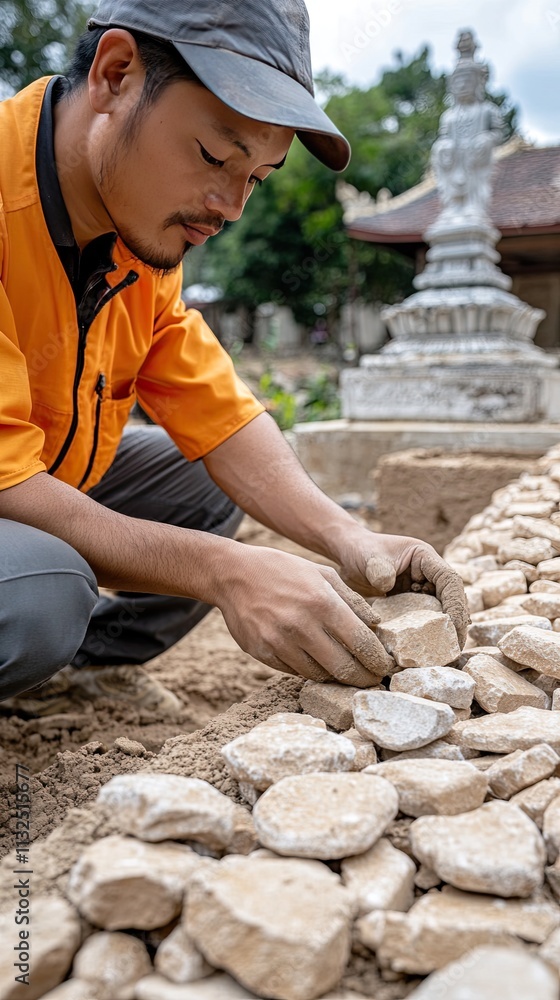 Fototapeta premium Bricklayer skillfully lays brown bricks in a red clay style on a sunny day near a temple, enhancing the structure's beauty and strength