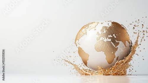 Golden globe with golden splashes on a white background.