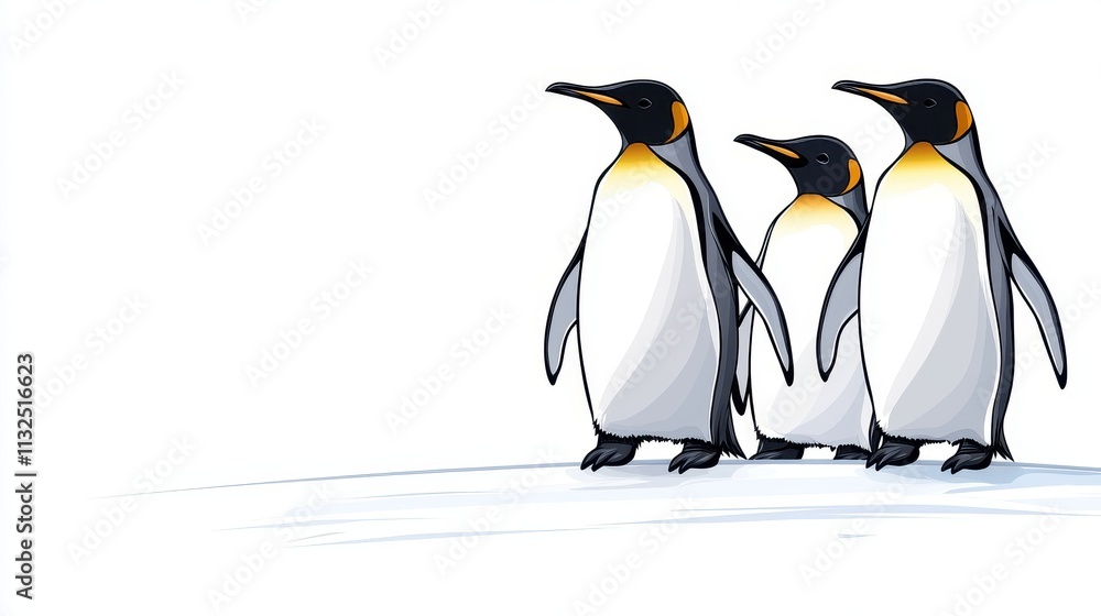 Obraz premium Three Cute Penguins Standing Together on a Bright White Background