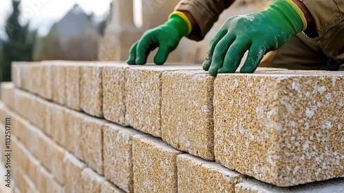 Craftsman lays cinder blocks on a house wall using tools while wearing green gloves and a dark blue uniform jacket at a construction site photo