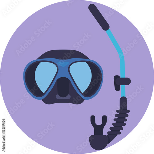 The mask is depicted with a clear visor, framed by black rubber, and the snorkel is attached on the side, illustrating the essential gear for scuba diving.