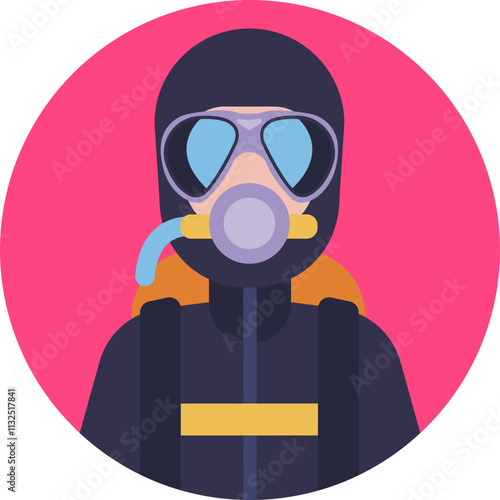 A figure in full scuba diving gear, including a wetsuit, mask, and fins, submerged underwater with bubbles rising around them.