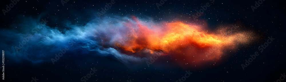 Naklejka premium Cosmic Nebula, Fiery Orange and Blue Clouds in Starry Sky