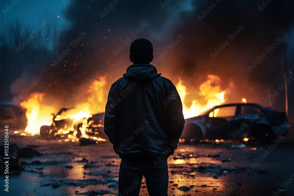 Fototapeta premium Burning vehicle in flames and smoke by roadside generative ai