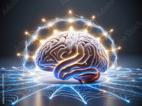 A glowing human brain surrounded by an intricate web of light, symbolizing neural connections and energy, set against a dark, minimalistic background photo