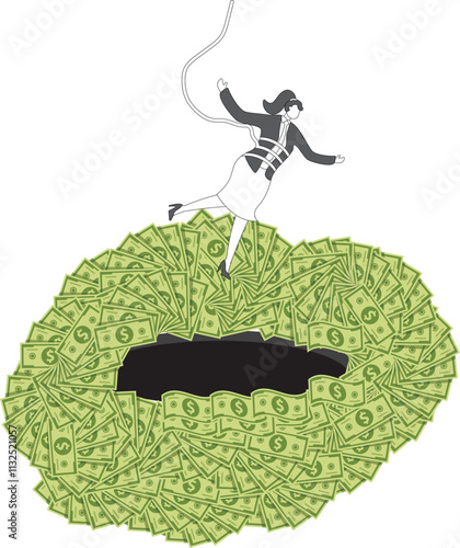 Tax evasion, financial problems, financial crimes, thieves, investment risks and traps, rope hanging businesswomen into the banknotes inside