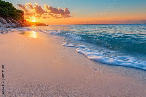 A serene sunset over a tranquil beach with vibrant skies, soft waves, and golden reflections on the water photo