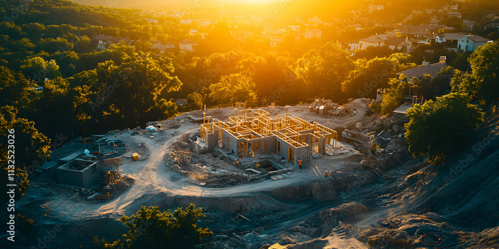 Fototapeta premium Aerial View, House Under Construction at Golden Hour, Hilltop Estate Development