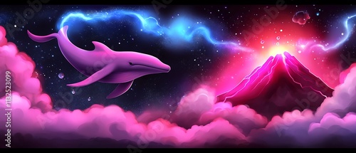 Pink dolphin flying over volcano in a vibrant, dreamy night sky. photo