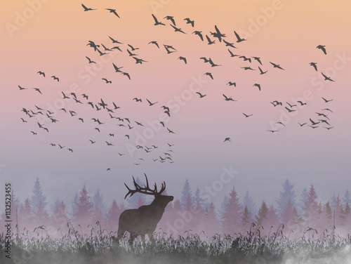 Wildlife at early morning elk with flock of bird