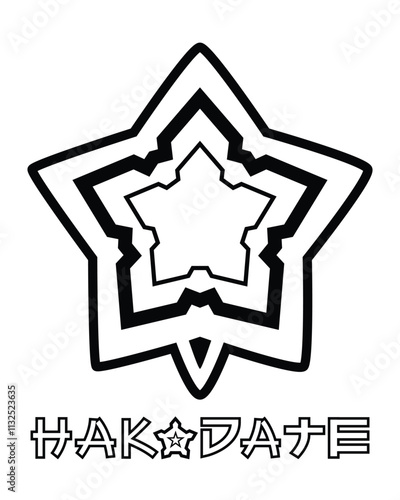 Illustration vector symbol of Hakodate city in Hokkaido Japan with famous Goryokaku star shape fort drawing in black and white photo