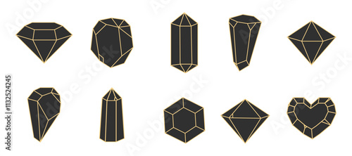 Crystal gemstone polygon stone, contour gem, polyhedron minimal. Elegant outline geometric quartz, jewel. Mineral linear icon.