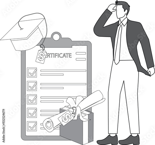 Education fees, money for diploma, tuition, student loans, academic corruption or bribery, isometric money bookmark, certificate of completion with price tag, graduation cap with price tag