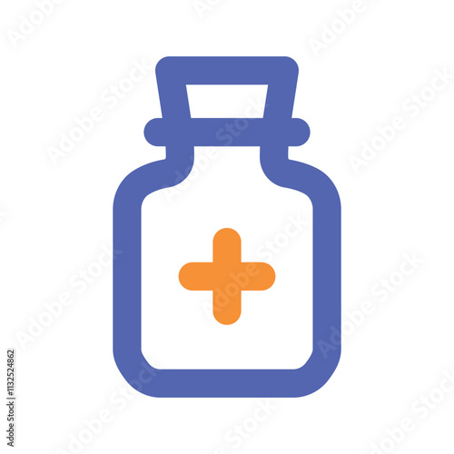 The image shows a pixelated illustration of a blue bottle with an orange plus sign inside representing medicine.