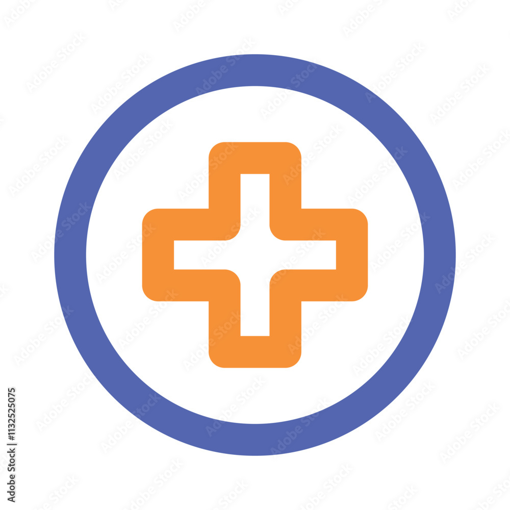 Fototapeta premium The image shows a pixel art style icon depicting a medical cross inside a blue ring.