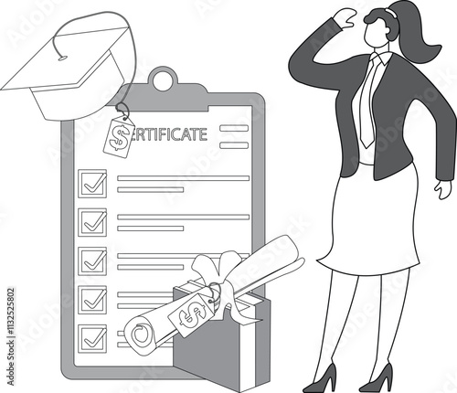 Education fees, money for diploma, tuition, student loans, academic corruption or bribery, isometric money bookmark, certificate of completion with price tag, graduation cap with price tag