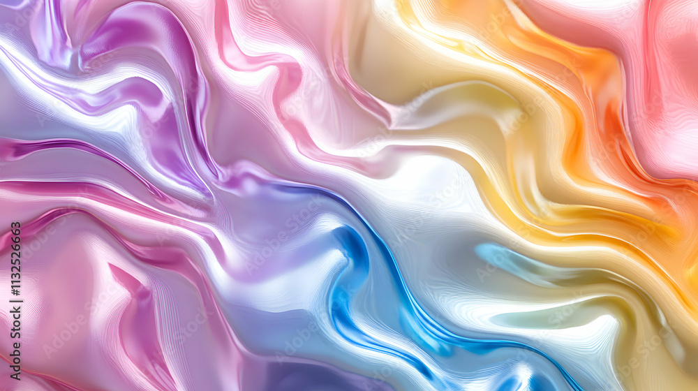 Obraz premium Abstract Colorful Swirls, A Vibrant, Iridescent Wave Background of Pastel Hues, Dynamically Flowing and Intertwining with Shiny Texture