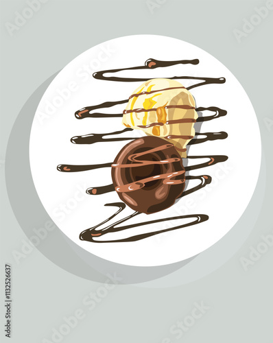 Chocolate brown fondant and vanilla yellow ice cream on a white plate, vector illustration, with chocolate and caramel sauce