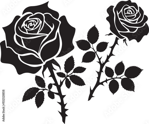 Set of decorative roses with leaves. rose flower silhouette. 