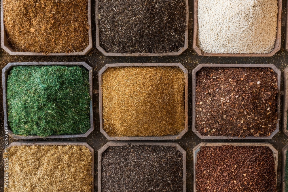 Fototapeta premium Colorful Variety of Different Spices and Herbs in Wooden Containers on Rustic Background