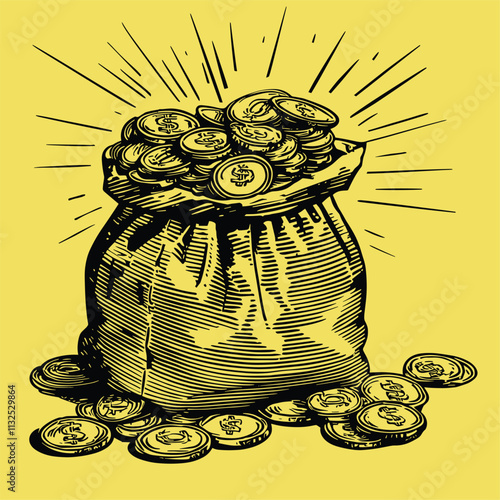 Overflowing sack with coins, radiating light.