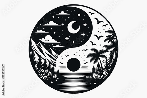 Yin-yang symbol blending night mountains and tropical beach landscapes