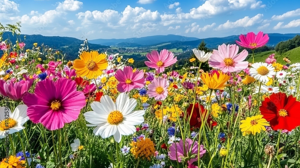 Obraz premium Colorful Wildflower Meadow, Rolling Hills, and Blue Sky with Clouds A Serene Landscape
