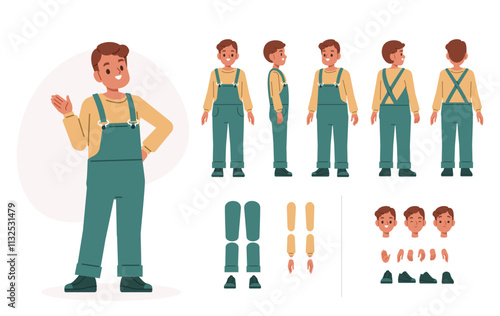 Boy child character constructor for animation. Front, side and back view set. Body parts, postures, poses collection. Vector illustration.