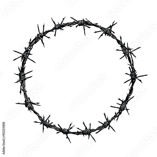 Barbed wire circle with sharp spikes.